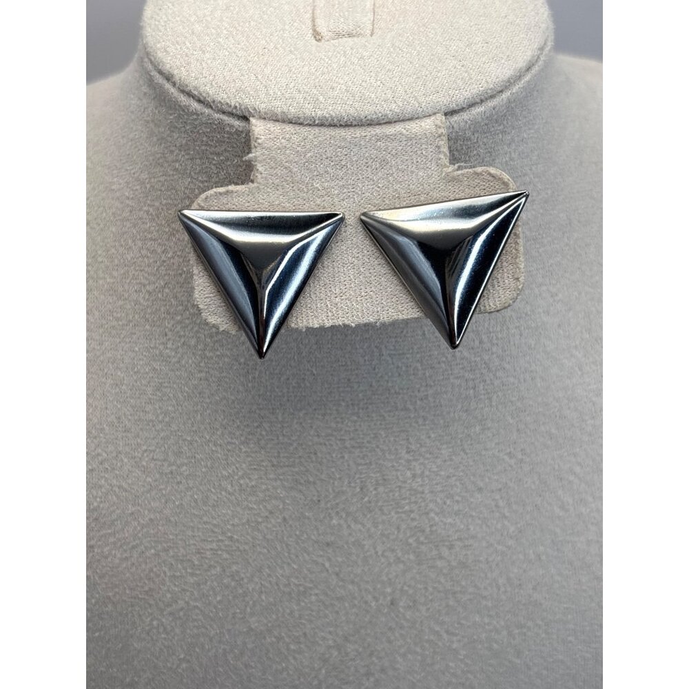 Vintage 1980's Silver Tone Puffy Triangle Stud Pierced Earrings